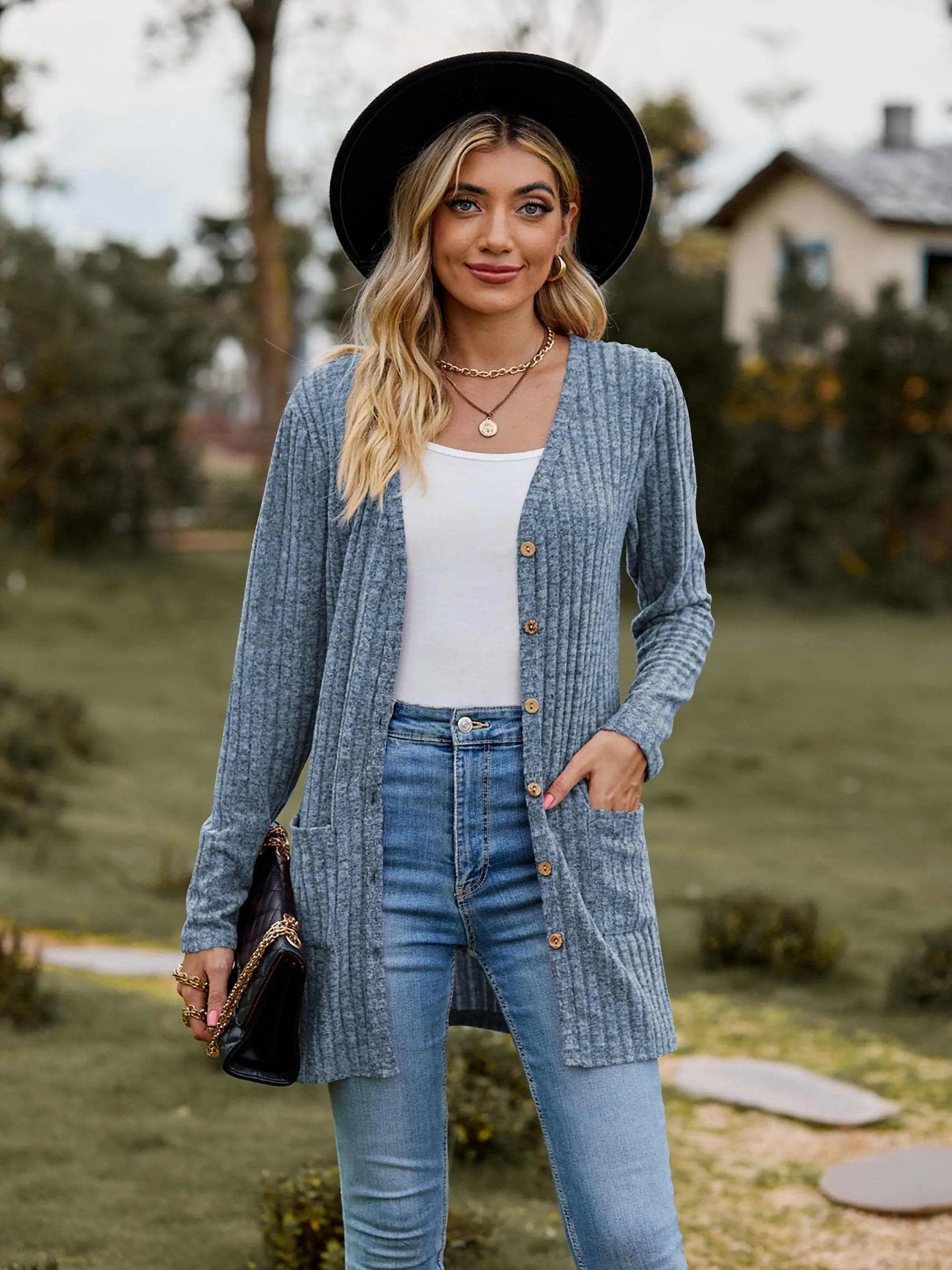 Heathered ribbed cardigan with pockets - Love Salve